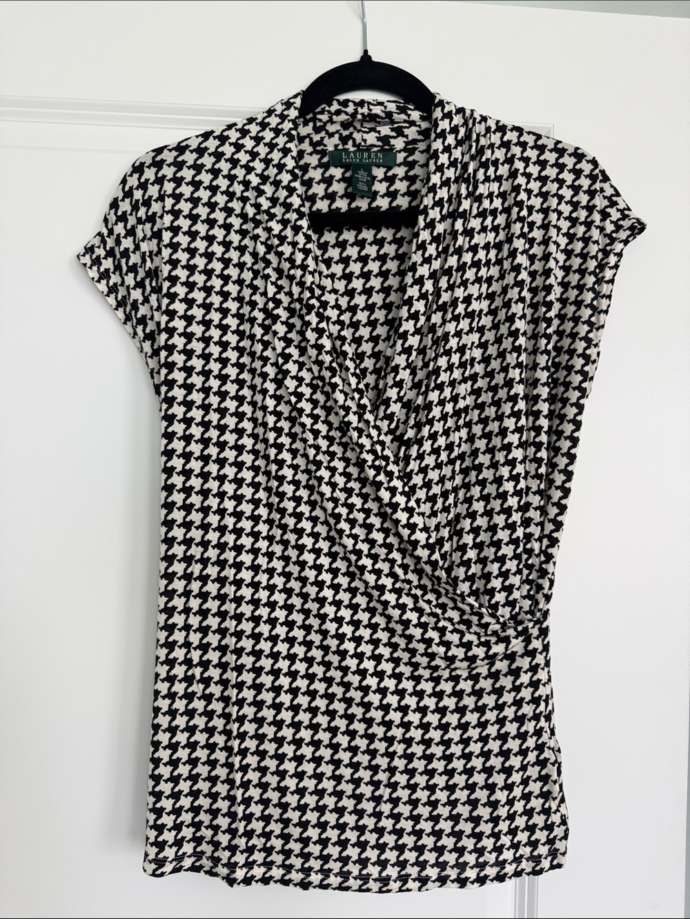 Lauren Ralph Lauren Black and White Houndstooth Cap-Sleeve Wrap-Style Top